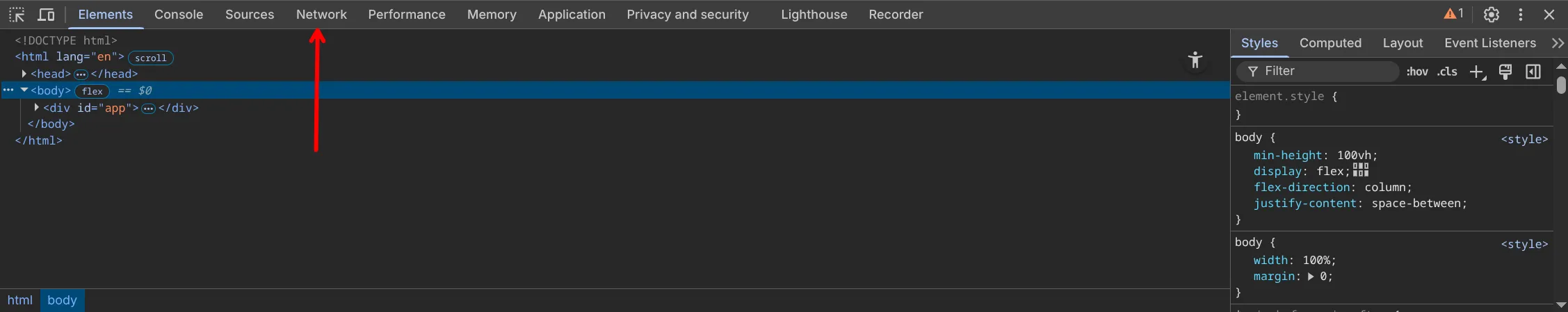 developer tools screenshot showing an arrow pointing at the network tab